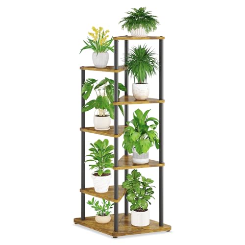 iDavosic.ly Tall Plant Stand Indoor for Large & Heavy Duty Planters, 6 Tier Corner Flower Shelf with Wooden Trays & Metal Frame, 49 Inch Orchid Rack for Living Room Balcony Porch, Black & Brown - size: 6 Tier without Light