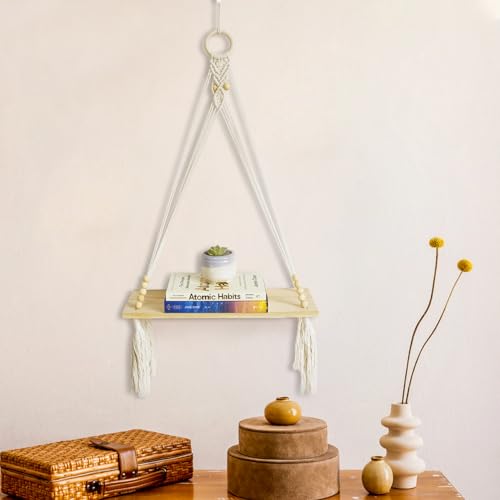 HVEST Macrame Wall Hanging Shelf Boho Wall Decor Floating Storage Book Shelf Beige Handmade Woven Tapestry for Bedroom Living Room Dorm Nursery Bathroom Wall Art Macrame Plant Hanger - color: Beige