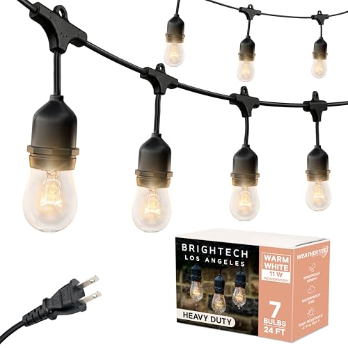 Brightech Ambience Pro Incandescent Outdoor String Lights - Commercial Grade Waterproof Patio Lights with 24 Ft Dimmable Edison Bulbs, Porch String Lights for Patio, Backyard, Christmas - 7 Bulbs 11W - size: 24 FT - 7 Bulbs