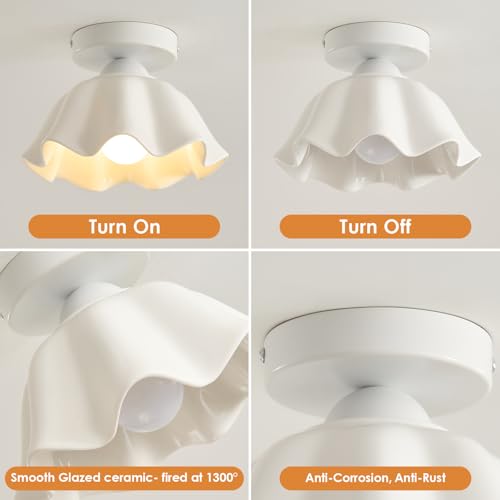 2 Pack Semi Flush Mount Ceiling Light - Flower Glaze Ceramic, White Vintage Hallway Light Fixtures, Milk Glass Ceiling Lights, Mid Century Small Light Fixture for Cottage Entryway Laundry Room Foyer - color: Glaze Flower Ceramic-White
