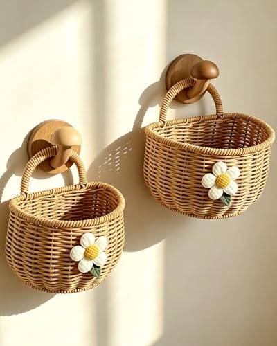 2 Pack Wall Hanging Rattan Baskets, Hand-Woven Storage Basket, Small Wall Hanging Baskets for Kitchen, Washable Decorative Basket, Potato Garlic Onion Storage Baskets, with Daisy Decor - style: With Daisy Décor