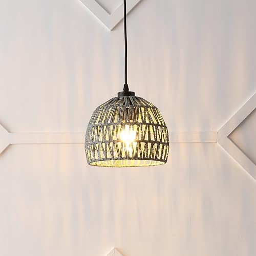 JONATHAN Y 8.25" Gray Modern Bohemian Woven Rope LED Pendant Light Fixture, Adjustable Dome Ceiling Lamp for Kitchen Island, Rope Shade, Coastal Farmhouse Decor (JYL6512D) - color: Gray, size: 8.25"