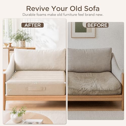 Codi Thick Replacement Couch Cushions, Upholstery Foam with Washable Covers for Sofa Cushion Chair Meditation - 24 × 24 × 5 Inch, High Density Foam, Ivory - color: Ivory, size: 24 Inch (Pack of 1)