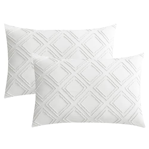 JELLYMONI Pillowcases King Size White 2 Pack Boho Plaid Bed Pillow Covers 20x36in Polyester Envelope Pillow Shams Tufted Bohemian Textured (Pillows are not Included) - color: 04 - White - Grid, size: 36" x 20" (Pack of 2)