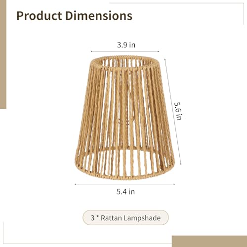 3PCS Chandelier Lamp Shades,Rattan Lamp Shade Clip-on Rattan hanging lamp Shade,Natural Touch Hand Woven Lampshade for Chandeliers, Pendants, Wall Sconces, 3.9 x 5.6 x 5.4 in
