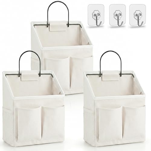 Kanrichu 3pcs Wall Hanging Organizer Bag, Linen Fabric Door Hanging Storage Basket with Pockets, Waterproof Bin for Kitchen, Bedroom, Office, RV Camper (White-Upgraded) - color: White-Small (3 pcs)