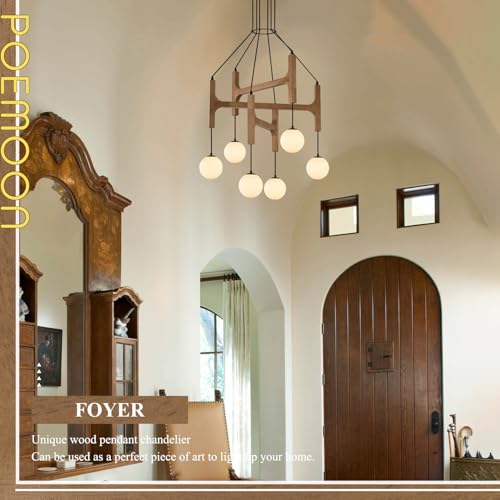 Farmhouse L28 '' Wooden Chandeliers with Milk Glass Globes Lampshades, Rustic Oak Mid Century Long Pendant Chandelier Light Fixture 6-Light for Foyer Living Dining Room Bedroom Kitchen,G9 - color: Golden Oak, size: L28 inches
