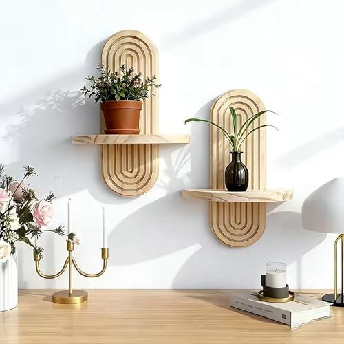 2 Pcs Wood Boho Arched Wall Shelf for Mini Plants & Decor (11.8" X 7.8") | Max 11 lbs Load, Moisture-proof, Space-saving. For Living Room, Entryway, Bedroom, Bathroom to Hold Succulent & Small Objects - size: 11.8" X 7.8"