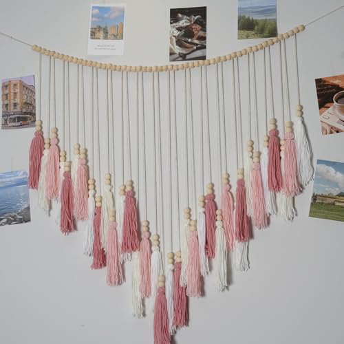 Macrame Hanging Photo Display Wall Decor, Macrame Photo Wall Hanging Boho Room Bedroom Wooden Beads Garland Picture Holder Photo Display Cilp with 30 Clip - color: Blush Pink White