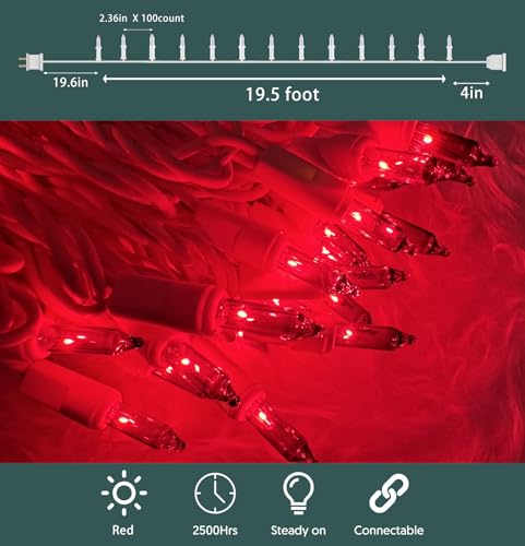 HISHINY Christmas Lights 100 Count Red Christmas Tree String Lights with White Wire for Outdoor Indoor Christmas Decorations Wedding Decorations Valentines Day Decor,UL Certified (21feet) - color: Red