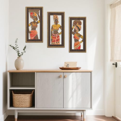 KAIRNE African American Wall Sign,Southwestern Orange Wooden Wall Art,Set of 3(8”X16”) Framed,Black Women Wood Bohemian Hanging Decor,Boho African Tribe Artwork for Living Room Bedroom Decor - color: African, size: 8"L x 16"W