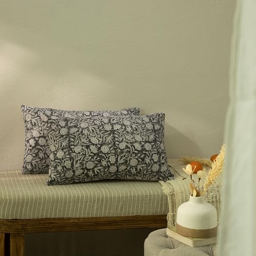 Handblock Printed Vintage Indian Cotton Decorative Throw Pillow Covers, Set of 2 (Shadow Grey, 12" x 20" (Pack of 2)) - color: Shadow Grey, size: 20" x 12" (Pack of 2)