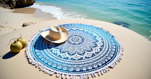 Round Beach Tapestry Mandala Boho Hippie Blanket Indian Cotton Bohemian Large Table Cloth Home Decor Yoga Mat Meditation Picnic Rug Hawaii Sunproof Throw Hippy Boho Gypsy Tablecloth Shawl Roundie (42 - color: Blue And White, size: 42"L x 42"W