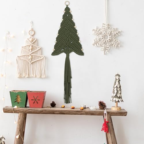 LB Macrame Christmas Tree Wall Hanging, Green Christmas Tree Wall Art Handmade Woven with Wood Beads Xmas Holiday Tapestry Funny Xmas Ornament for Bedroom Living Room Rustic Xmas Decor,10X31 Inch - color: Dark Green