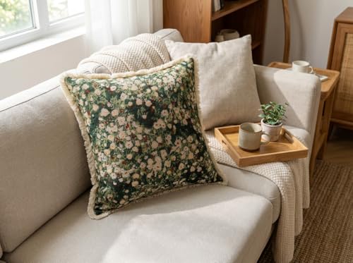 Vintage Floral Throw Pillow Cover with Fringe Trim 18x18, Cotton Cross Stitch Fabric, Abstract Oil Painting Style, Decorative Accent Cushion Cover