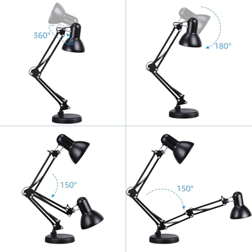 TORCHSTAR Metal Desk Lamp with Clamp, Swing Arm, Architect Adjustable Gooseneck Table Lamp, Clip Desk Lights for Home Office, Work, Study, Reading, E26 Base, Multi-Joint, Black - color: Black