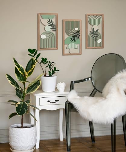 Putuo Decor Boho Wall Art Set of 3, Green Botanical Wooden Wall Decor, Abstract Aesthetic Room Decorations, Mid-Century Modern Artwork for Living Room, Bedroom, Office Green 16.5 x 8.6 inch - color: Green