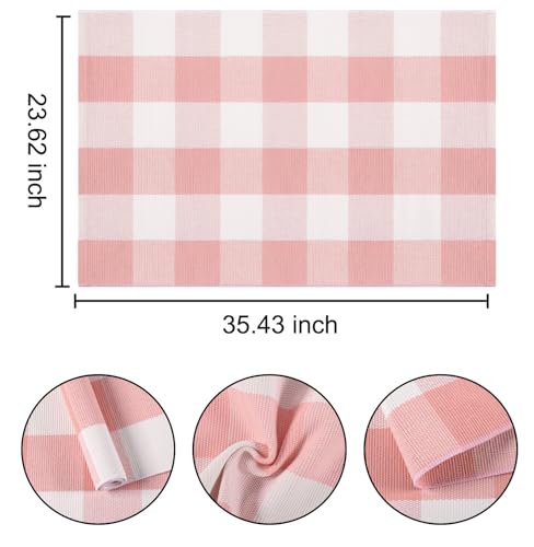 Pink and White Outdoor Rug 24''x35'' Buffalo Plaid Porch Mat Cotton Woven Machine Washable Carpet for Layered Doormat Hello/Welcome Door Mat,Kitchen,Farmhouse,Entryway - color: Pink White, size: 24''x 35''