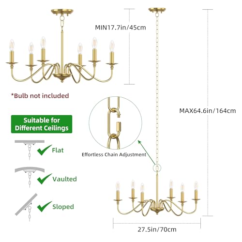 Rustic Farmhouse Candle Chandelier for Dining Room, 6-Light Rustic Black Iron Light Fixture with Classic S-Arm Design for Kitchen Island, Living Room, Foyer-Brass Gold - color: Brass Gold