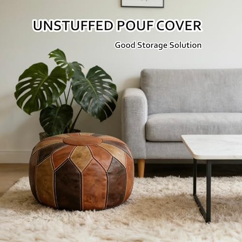 Thgonwid Round Unstuffed Pouf Cover, Faux Leather Storage Ottoman, Boho Moroccan Foot Stool, Multi-Purpose Home Decor for Living Room, Bedroom and Balcony, Retro Moroccan Color, No Filling Included - color: Moroccan（no Stuffing）