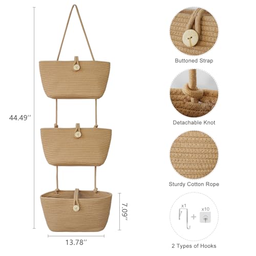 TeoKJ Over the Door Hanging Baskets with Wooden Button, 3-Tier Woven Cotton Storage Organizer Bag, Wall-Mounted with Hook Decorative Hanging Nursery Baskets, Jute - color: Jute, style: 3 tier+Wooden Button