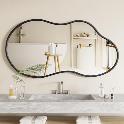48”x 27” Irregular Wall Mirror, Black Vanity Asymmetrical Mirror, Aluminum Framed, Tempered Glass, Irregular Decorative Large Bathroom Mirrors for Wall (Horizontal/Vertical) - color: Black, size: 48"L x 27"W