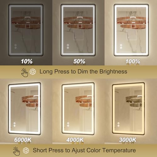 20"x 28" LED Bathroom Mirror with Black Framed, Front and Backlit, Lighted Bathroom Mirror for Wall with Stepless Dimmable, Anti-Fog, Memory, 3 Colors, Round Corner LED Vanity Mirror with Lights - color: Black, size: 20"L x 28"W