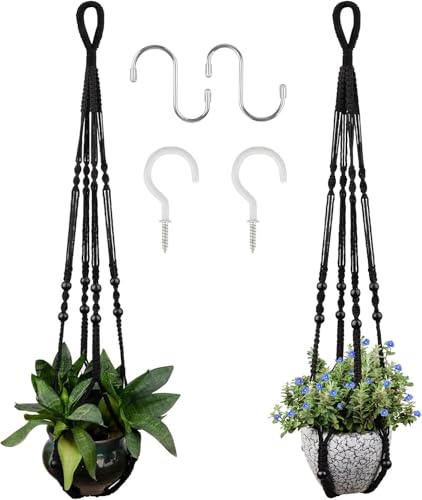 RIFNY Macrame Plant Hanger for 5 to 10 Inch Plant Pots, 35 Inch Woven Rope Hanger Kits with Hooks and Wood Beads, Hanging Planter Basket for Indoor Boho Home Decor (Black, 2 Pack) - color: Black, size: 35 Inch 2 Pack