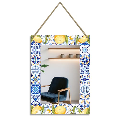 Rectangle Mirror for Wall, 12"x16" Decorative Wall Mirror, Lemon Blue Mosaic Mirrors, Wall Mirrors Decor with Hanging Rope for Living Room, Entryway, Bedroom, Dining, Kitchen - color: Lemon Blue