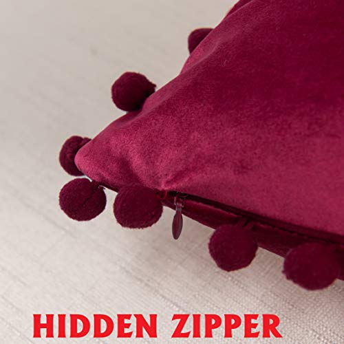 Elegant Comfort POM-POMS Fringe Velvet Cushion Covers Set of 2, Velvet Soft Solid Decorative Square Throw Pillow Covers Set Cushion Case for Couch Bed, Livingroom 20 x 20 Inch (50 x 50 cm), Burgundy - color: Burgundy, size: 20" x 20" (Pack of 2)