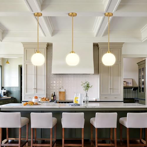 2 Pack Gold Globe Pendant Lights, Mid Century Gold Pendant Light Fixtures, Globe Pendant Lights Kitchen Island with Milk Glass Shade Adjustable Hanging Fixture for Dining Room (Bulbs not Included) - color: Brushed Gold + Milky White Glass 2 Pack