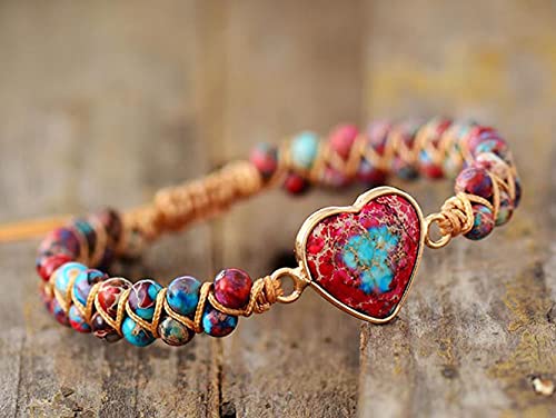 Women Boho Wrap Bracelet,Handmade Natural Stone Crystal Emperor Beads Heart Bracelet, Fashion Bohemian Jewelry Gift for Women - color: Emperor Jasper