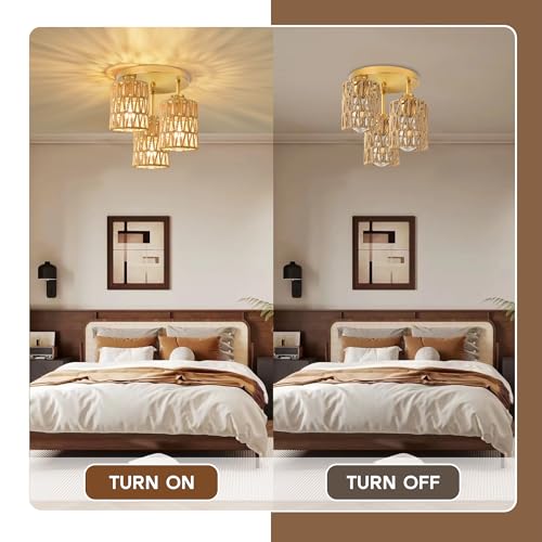 hykolity 3-Light Semi Flush Mount Ceiling Light Fixture, Boho Farmhouse Light Fixtures Ceiling Mount with Hand Woven Rattan Shade, Gold Ceiling Lighting for Kitchen, Bedroom, Entryway, Hallway, ETL - color: Gold-Boho