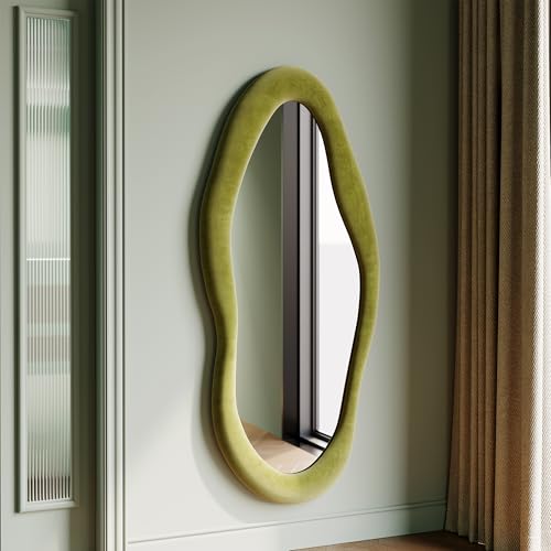 Honyee 55" x 24" Wavy Mirror, Flannel Wrapped Wooden Frame, Irregular Hanging for Cloakroom/Bedroom/Living Room, Green - color: Green, size: 55"L x 24"W