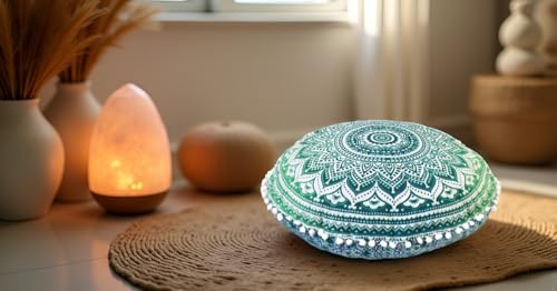 Round Mandala Floor Pillow Cover Seating Cushion Throw Cover Hippie Decorative Bohemian Ottoman Pouf Cover, Pom Pom Pillow Cases,Boho Indian 22 Inches (Green) - color: Green