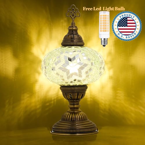 Turkish Lamp, Mosaic Table Lamp, Antique Moroccan Decorative Glass Bohemian Vintage Lamp Shade, Small Desk Tiffany Bedside Stained Glass Lamp with US Plug and E12 Socket - color: White-47
