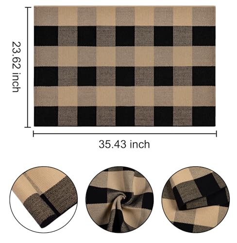 Checkered Front Door Mat Outdoor 24''x35''Buffalo Plaid Outdoor Rug Cotton Washable Layered Doormat for Bedroom,Bathroom,Farmhouse,Entryway,Home Entrance - color: Khaki Black, size: 24''x 35''