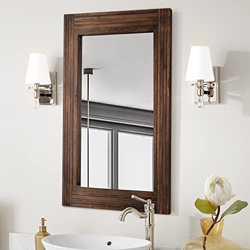 YOSHOOT Hand-Made Wooden Spliced Wall Mirror for Bathroom, Rustic Farmhouse Vanity Mirror, Décor Wall Art, Solid Wood Frame, Vertical or Horizontal Hanging - color: Spliced Brown, size: 26"L x 18"W