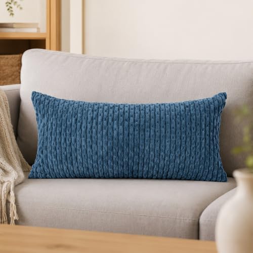 JoraLion 12x24 Boho Decorative Lumbar Throw Pillow Cover, Blue Cozy Soft Striped Corduroy Long Rectangle Cushion Case Accent Home Decor for Sofa Bed Room Livingroom, ONLY Cover - color: Blue, size: 24" x 12" (Pack of 1)