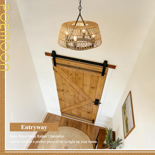 Boho Woven Chandeliers Hand Rattan Ceiling Pendant Lighting Rustic 4-Light 18" Hanging Light Fixture for Dining Room, Hallway, Entryway, Kitchen,Bedroom, E12 - size: Trapezoid-17.7''-V