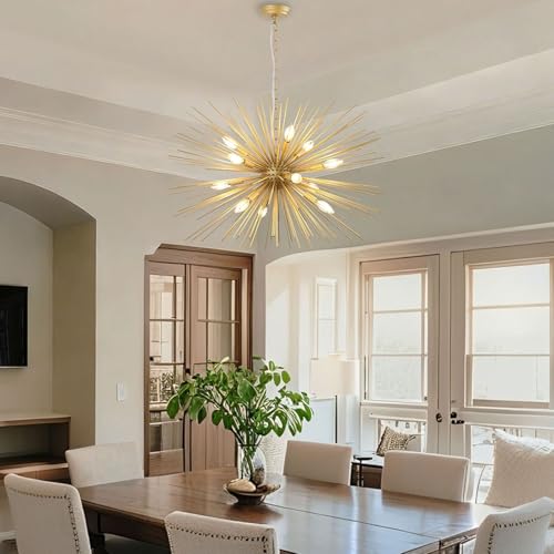 Modern 33.8in Gold Sputnik Chandeliers 12-Light Mid-Century Starburst Chandelier Light Fixture Solid Metal Satellite Large Chandelier for High Ceiling Dining Room Living Room Foyer E12 - color: Golden 33.85" 12-Light