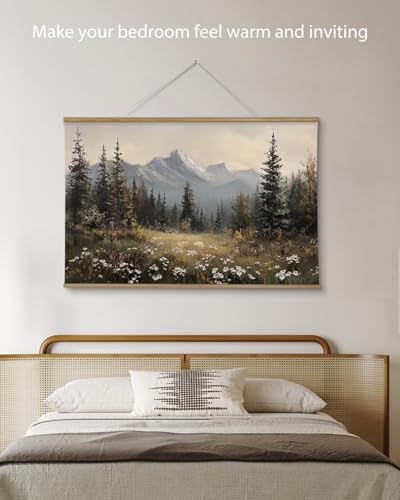 ARPEOTCY Extra Large Vintage Framed Wall Art, 36x54 Inch Wildflower Mountain Forest Hanging Framed Canvas Prints Scroll Wall Art Decor for Living Room Bedroom, Retro Scenery Pictures Above of Bed - color: Snow Mountain Pine Forest