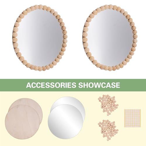 2 Set Boho Mirror Wall Décor DIY Kit, 8" Round Glass Mirror with Wood Beads, Rustic Farmhouse Decorative Wall Art for Living Room, Bedroom, Entryway (Assembly Required)
