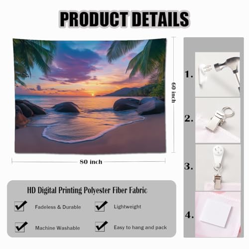 keowhsf Beach Sunset Ocean Tapestry – Tropical Palm Trees Wall Decor with Warm Orange Sky, Summer Seaside Landscape Wall Hanging for Bedroom Living Room Dorm - color: SunsetBeach, size: 80"L x 60"W