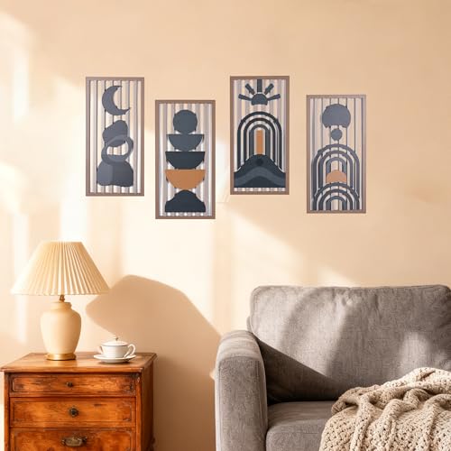 Blue Boho Wall Decor Set of 4, Abstract Blue Wall Art & Wall Decor Blue, Mid-Century Modern Aesthetic Artwork with Arch,Framed Wall Art - 3D Wooden Geometric Wall Sculpture for Bedroom Living Room Office (E) - color: E