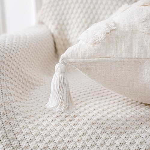 PANOD Super Soft Farmhouse Decorative Plush Throw Pillow Covers 22 x 22 White,Solid Pom pom Tufted with Tassels Modern Accent Boho Square Cushion Cover Pillow Case for Couch Sofa - color: White, size: 22" x 22" (Pack of 1)