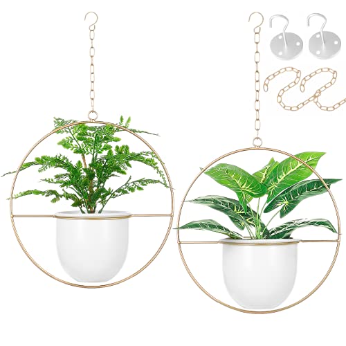 2 Pack Hanging Planters for Indoor Plants with 5.5" Pot + Ceiling Hook + Extender Chain | Hanging Plant Holder, Metal Minimalist Planter, NO Plant incld - color: Gold & White