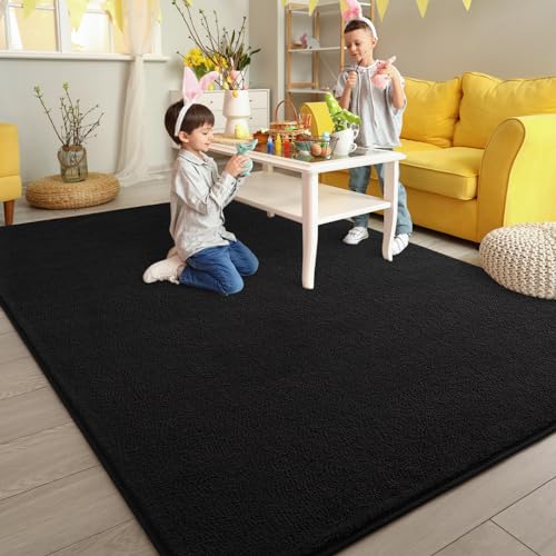 Pettop 4x6 ft Black Area Rugs for Bedroom Living Room, Washable Memory Foam Indoor Carpet, Modern Aesthetic Minimalist Non Slip Soft Comfy Carpet for Boys Girls Dorm Home Decor - color: Black, size: 4' X 6' (Rectangular)