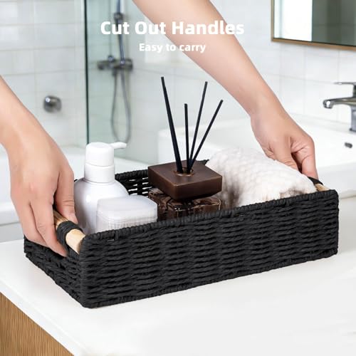 CubesLand Back of Toilet Storage Basket for Organizing w/Cut Out Handle, Handwoven Toilet Tank Top Paper Baskets, Wicker Decorative Basket for Countertop, Home Decor, Living Room, Nursery, Black - color: Black, size: M-14.17" (L) X 6.29" (W) X 3.54" (H)