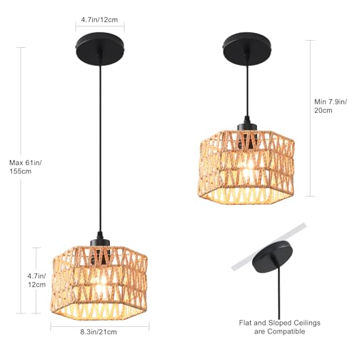 Woven Pendant Light Boho Chandelier, Rattan Pendant Lights Kitchen Island, Farmhouse Pendant Lighting with Hand Woven Wicker Shade, Boho Chandelier Light Fixtures Ceiling Hanging Light - color: Hexagon 3 Packs